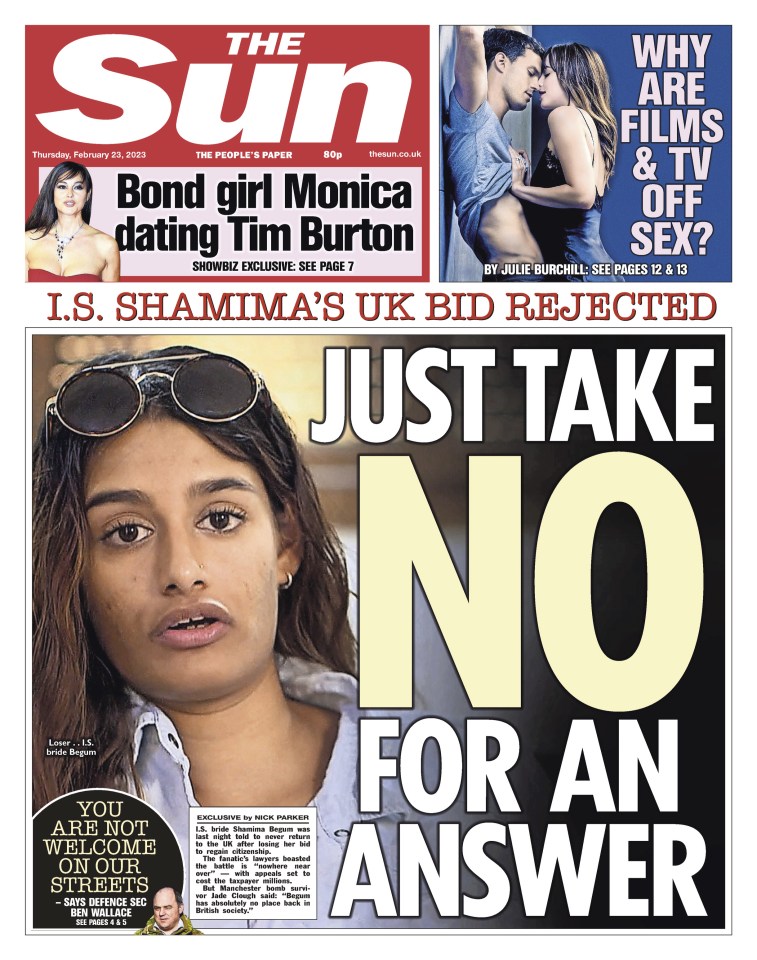 The Sun's most recent frontpage on Begum's bid to return to the UK