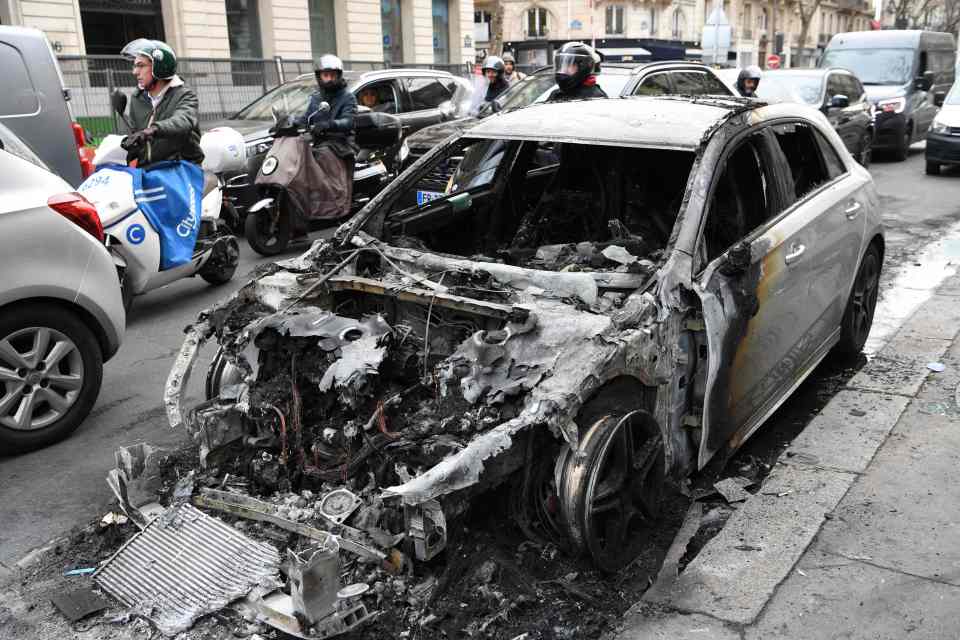 A burnt out following demonstrations in Paris