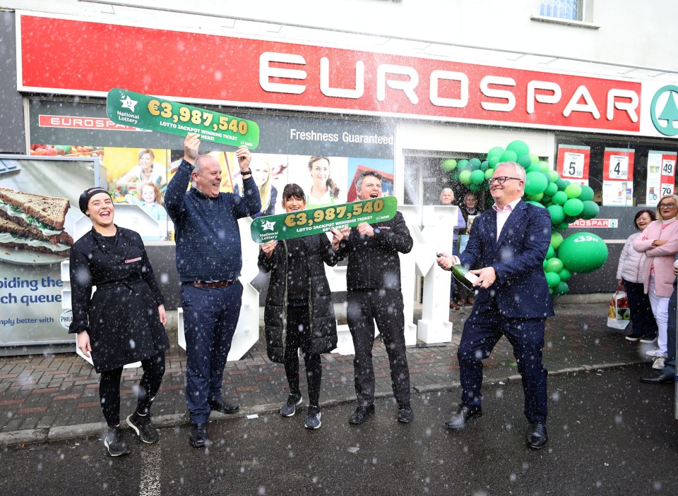 Bowe's EuroSpar owner Shane Bowe (centre) pictured celebrating today with staff over lottery win