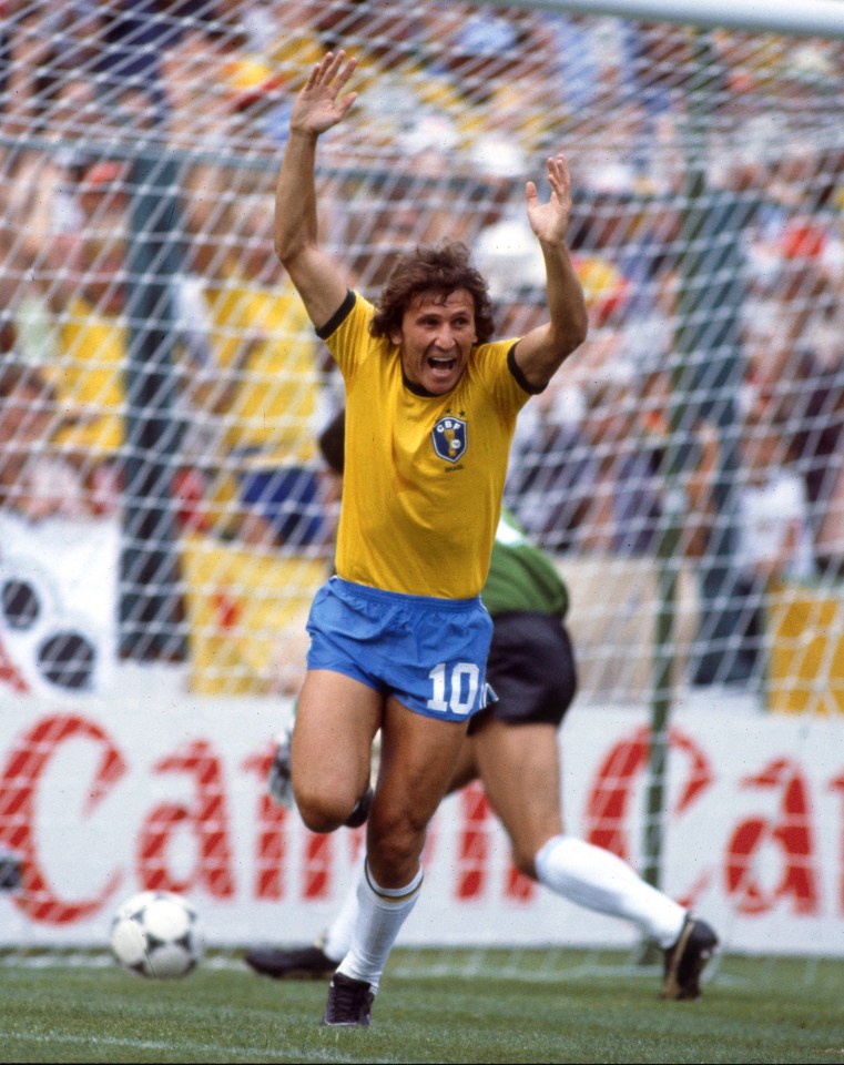 Zico celebrates scoring for Brazil against Argentina in the 1982 World Cup