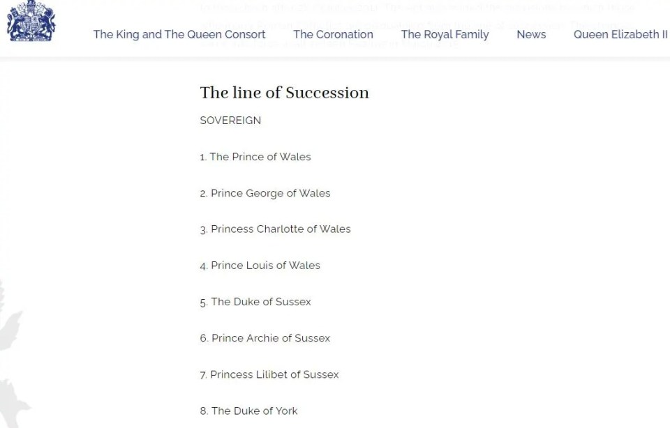 The line of succession has been updated on the royal website