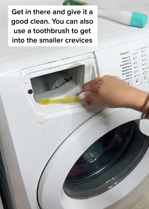 She recommends using a toothbrush and toothbrush to reach into the crevices and clear out all the grime