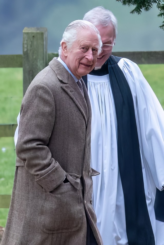 The King was spotted smiling as he attended church at  St Mary Magdalene, in Sandringham this morning