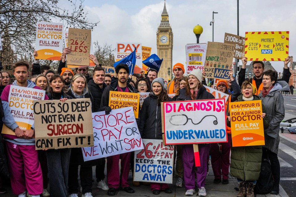 The BMA says junior doctors' wages have fallen 26 per cent since 2008/09. Pictured: Trainee medics take to the picket lines in Westminster, London