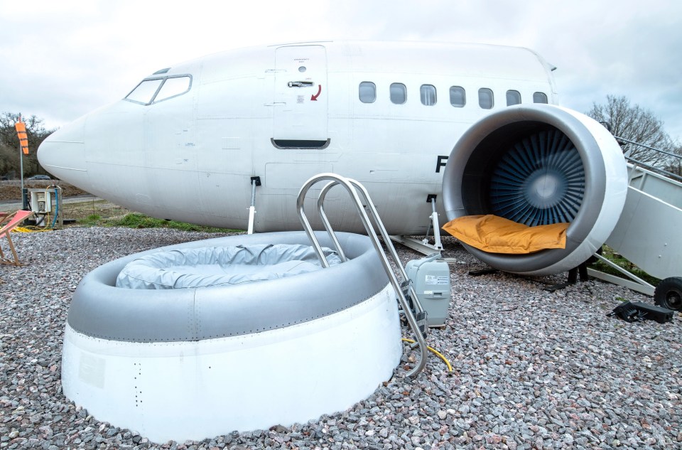 Even the hot tub is made from recycled airplane parts