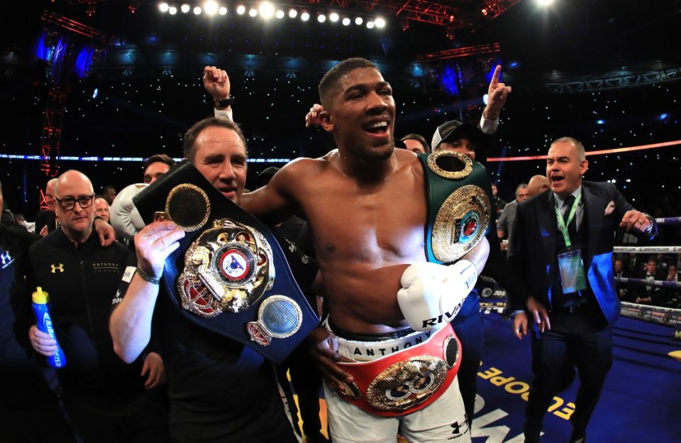 Anthony Joshua celebrates victory over Wladimir Klitschko in the IBF, WBA and IBO Heavyweight World Title bout.