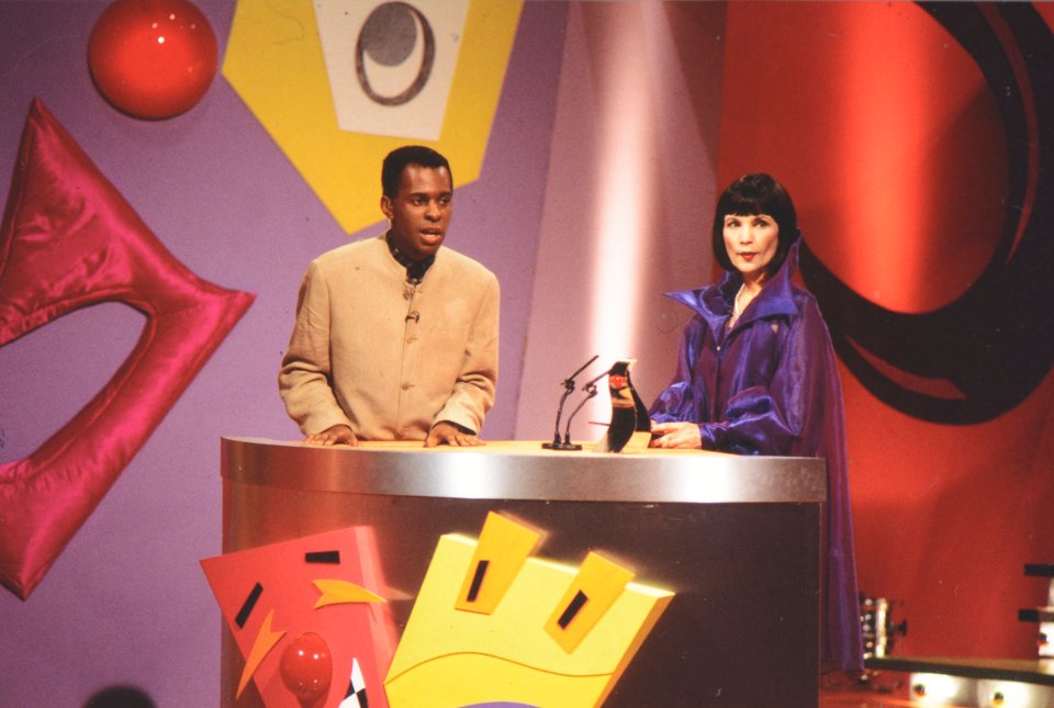 Andi Peters and Mystic Meg on stage at the Live and Kicking Red Nose Awards show broadcast in 1995