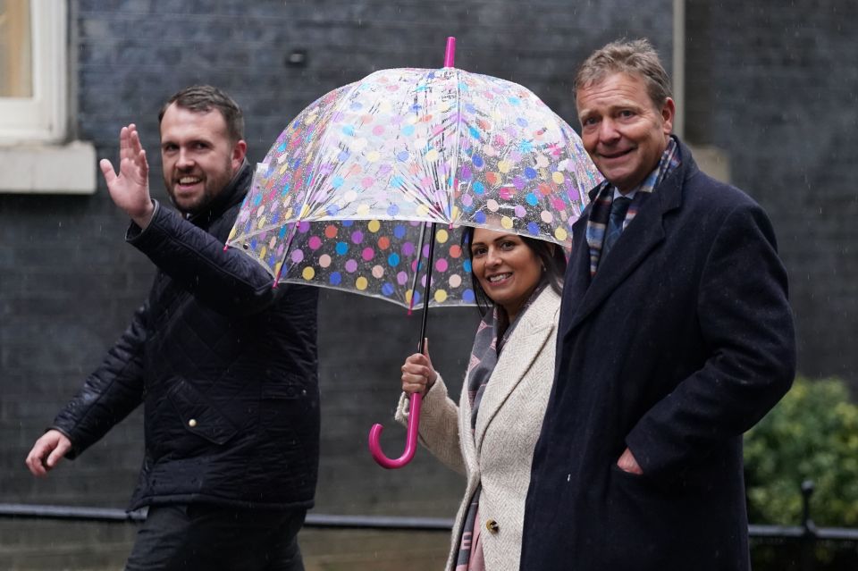 Jonathan Gullis, Priti Patel and Craig Mackinlay in Downing Street today