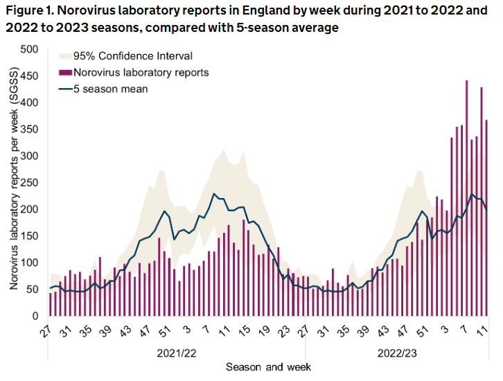 Norovirus was spotted 797 times in the two weeks ending March 19, 91 per cent more times than the five-year average