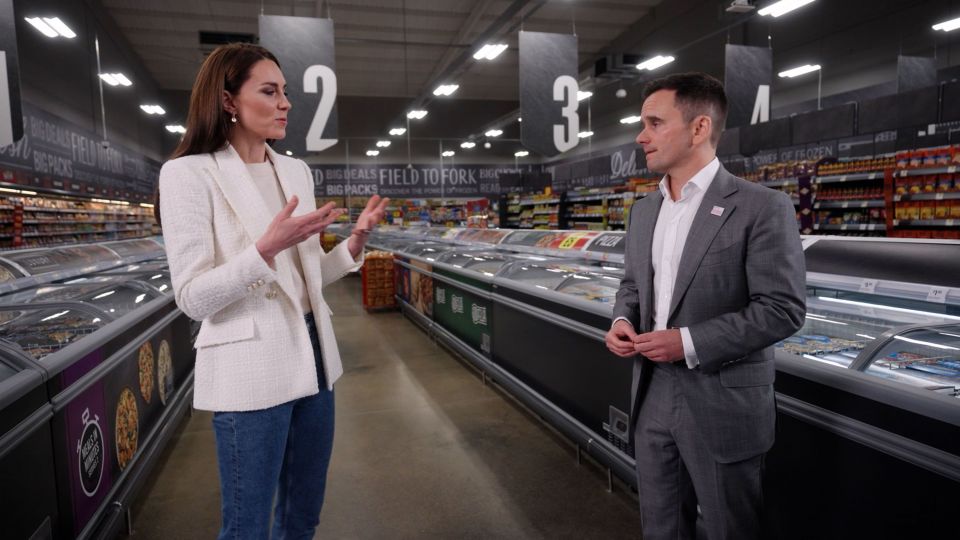 Undated handout video grab issued by Kensington Palace of the Princess of Wales during a recent visit to an Iceland store in Aylesbury, in Buckinghamshire, with the supermarket giant's chief executive Richard Walker. The Princess of Wales has championed the role businesses can play in supporting children and their carers, saying key skills employers look for "are built in the earliest years of our lives". Issue date: Saturday March 25, 2023. PA Photo. Kate this week urged business leaders to prioritise wellbeing in the workplace to support family life as she launched her Business Taskforce for Early Childhood, of which supermarket giant Iceland is a member. See PA story ROYAL Kate. Photo credit should read: Kensington Palace/PA Wire NOTE TO EDITORS: This handout photo may only be used in for editorial reporting purposes for the contemporaneous illustration of events, things or the people in the image or facts mentioned in the caption. Reuse of the picture may require further permission from the copyright holder.