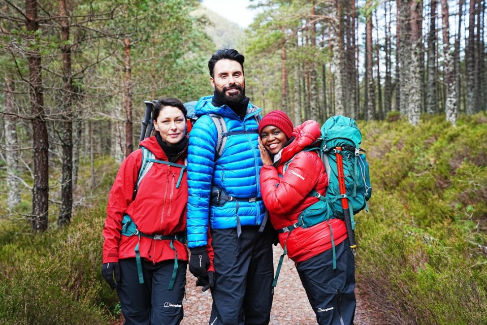 The telly presenters looked worlds away from their usual attire as the put on their hiking boots and jackets