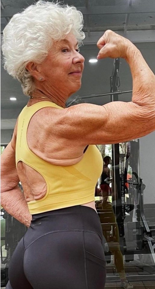 She now boasts bulging biceps and an enviably toned figure at age 76