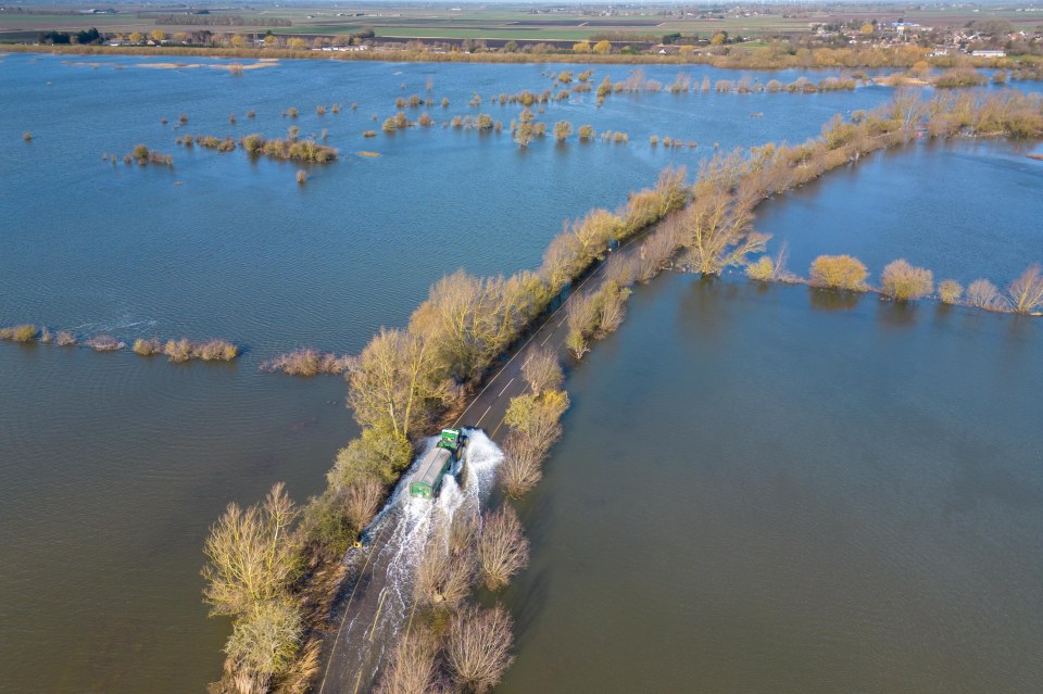 Floods after more rain affecting the A1101 in Welney