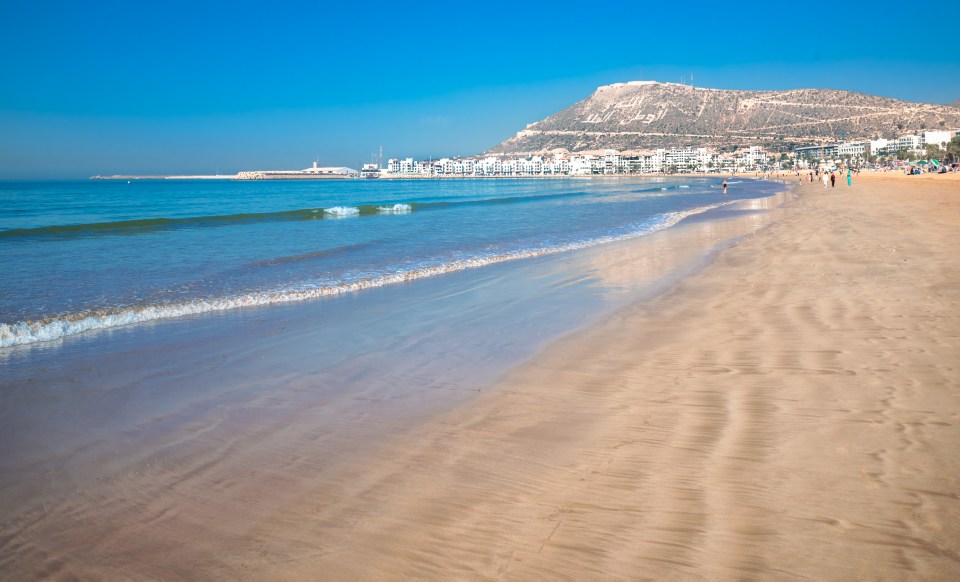 The beach in Agadir is seven miles long with lots of surfing and water activities