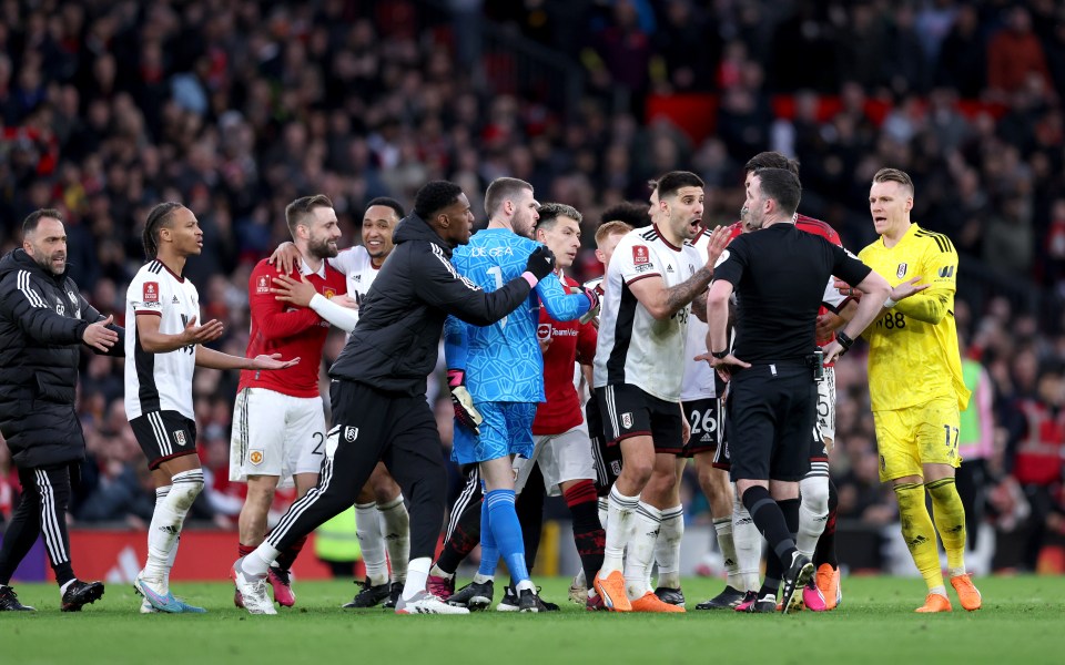 All hell broke loose on the Old Trafford pitch as players and coaches got involved