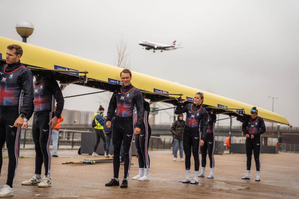 The rowers had to take on the aircraft in a head-to-head at London City Airport