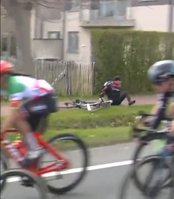 Pros in the Classic Brugge-De Panne race looked over in concern at the toppled rider