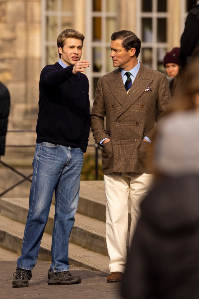 Actor Ed McVey, who plays William, and Dominic West, who stars as King Charles, wore identical outfits to their real life counterparts on set at the campus in Scotland