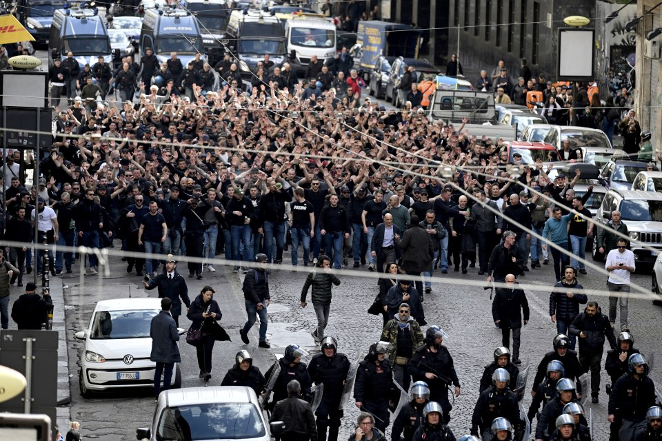 Frankfurt supporters marched on the streets of Naples