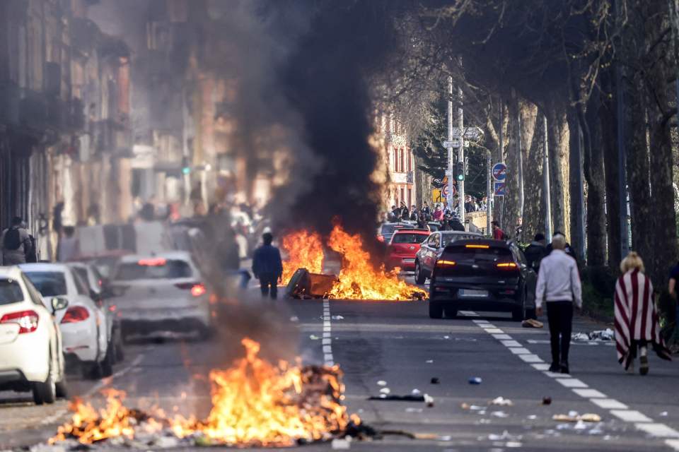 Fires filled the streets in Toulouse, southern France