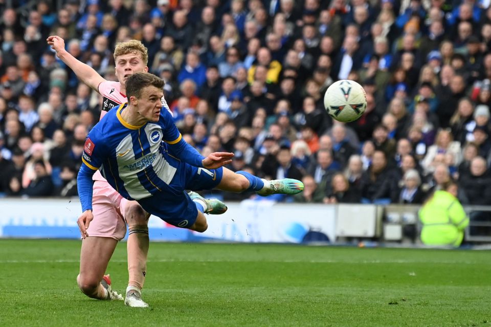 Solly March bagged Brighton's fourth with a diving header