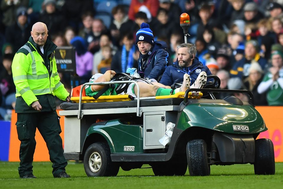 Ireland’s centre Garry Ringrose is stretchered off after a horror injury against Scotland