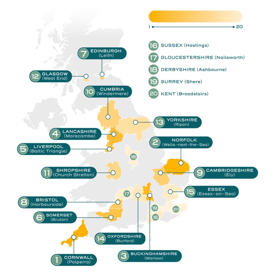 A map showing the top 20 coolest places in the UK