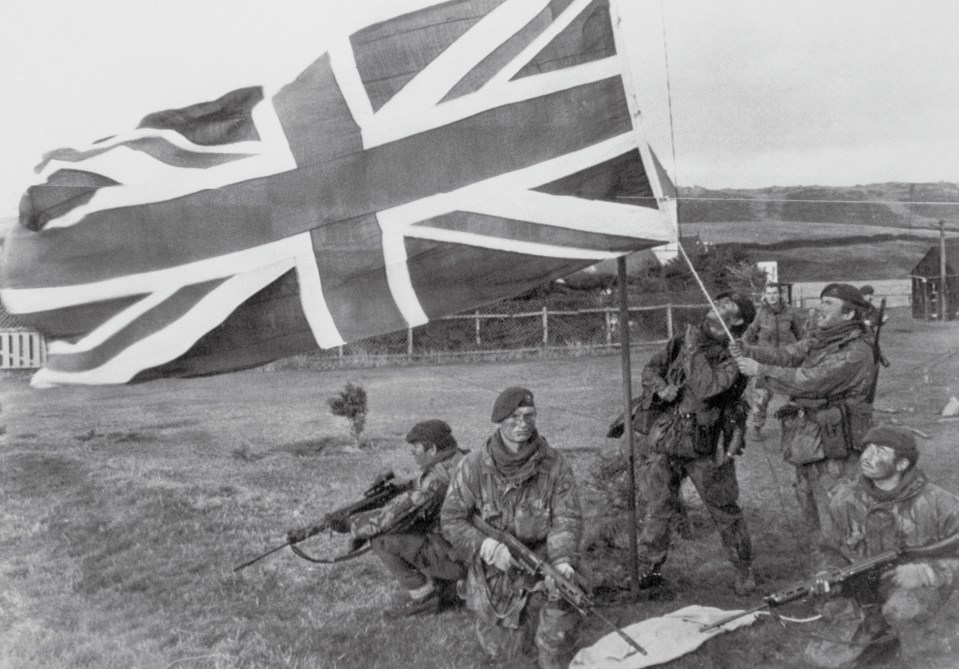 Royal Marines raise the Union Jack in the Falklands after the 1982 war