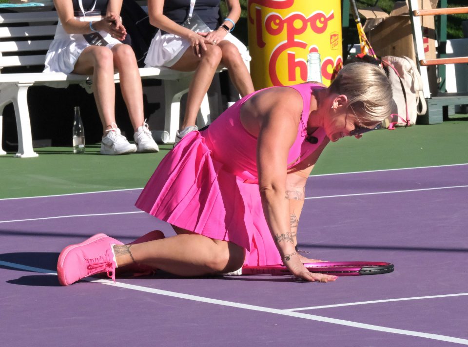 Pink takes a tumble on the court