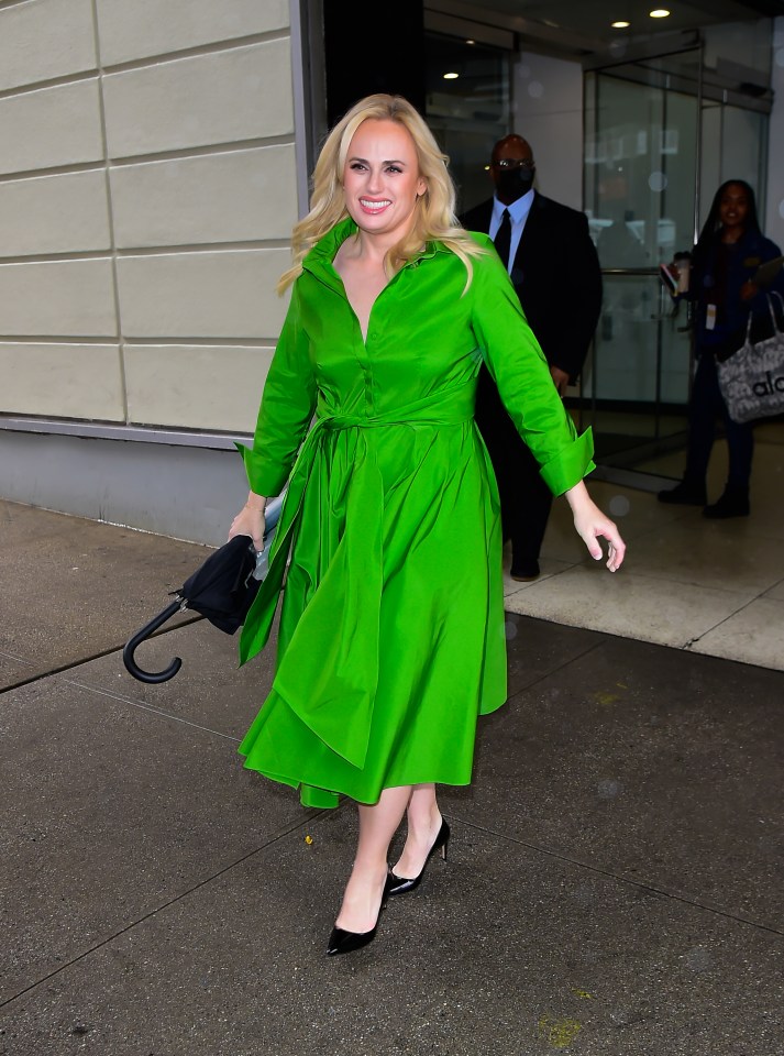 Rebel Wilson stunned in a bright green shirt ress as she filmed The Drew Barrymore Show