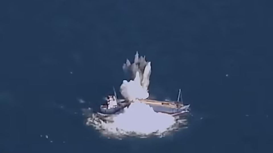 The bomb splits the ship in half and sinks it