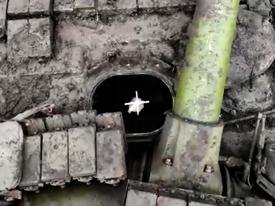 Ukrainian drone bomb falls directly into exposed Russian tank in Ukraine