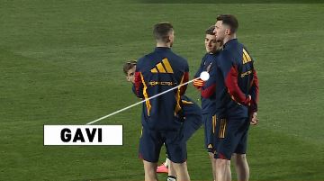 Barcelona star Gavi was pictured in Spain training last night chatting with his club team-mates