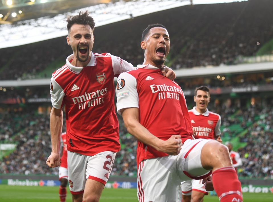 Saliba celebrates his third goal of the season