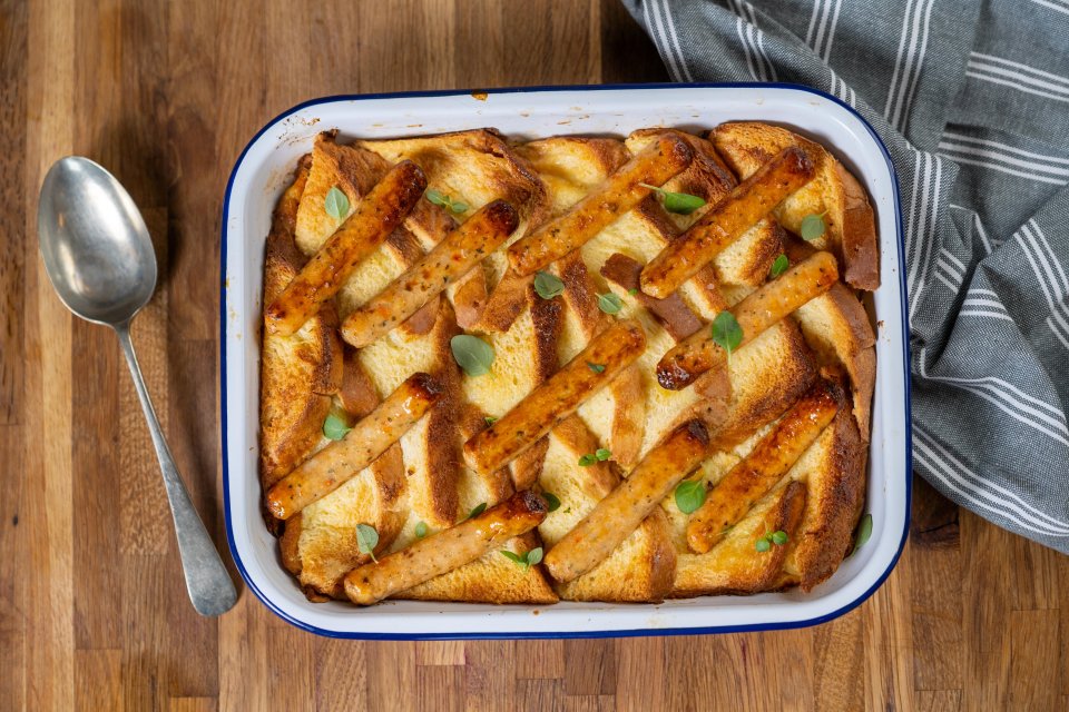 The sausage bread and butter pudding