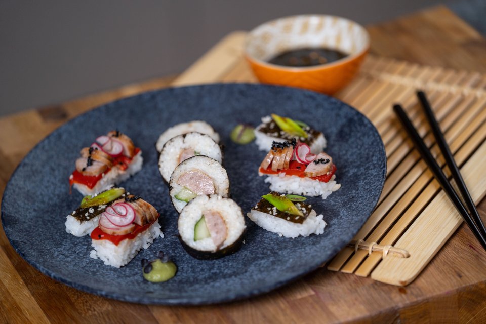 The cooked sausage sushi offers a Yorkshire twist on Japanese refinement