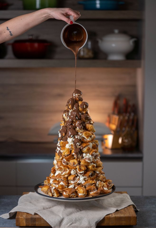 One of the British classics given a sausage-themed makeover is the French dessert croquembouche