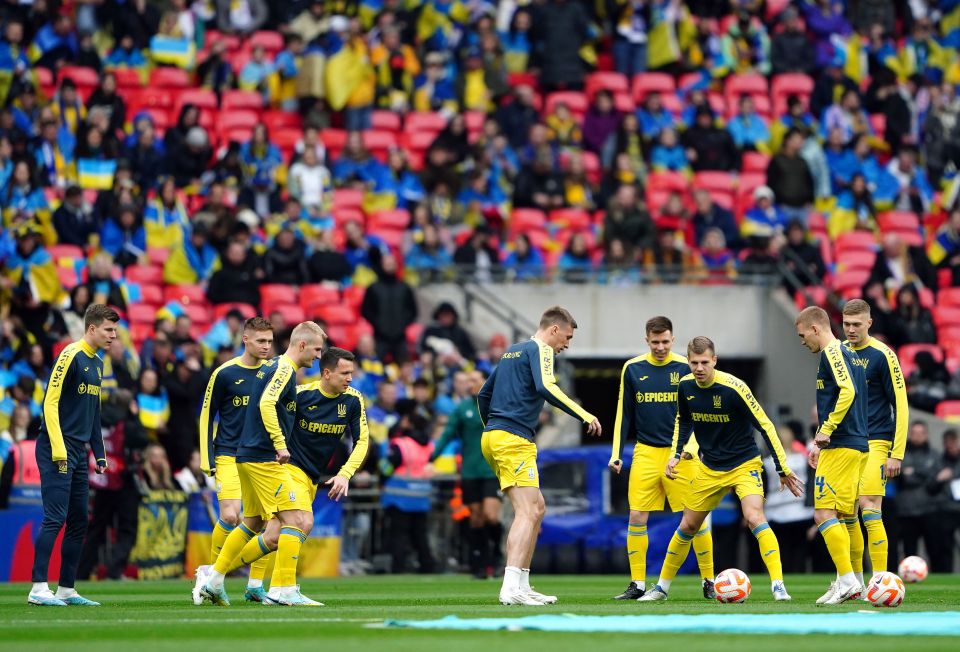 Ukraine players warming up ahead of the game