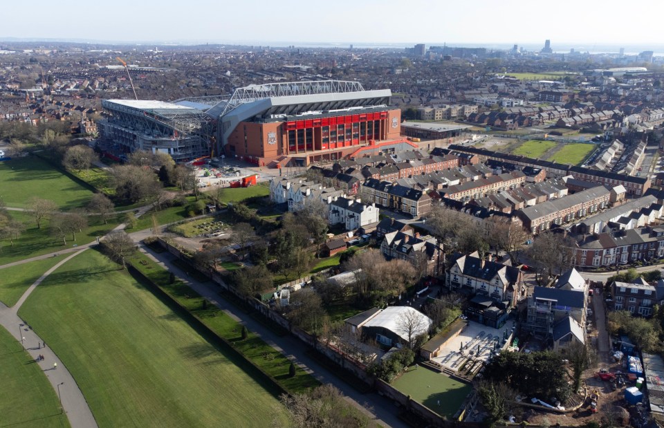 LIVERPOOL, ENGLAND - APRIL 03: A general aerial view (GV) of Liverpool Football Club's Anfield stadium ahead of the Premier League match between Everton FC and Tottenham Hotspur at Goodison Park on April 3, 2023 in Liverpool, United Kingdom. (Photo by Simon Stacpoole/Offside/Offside via Getty Images)