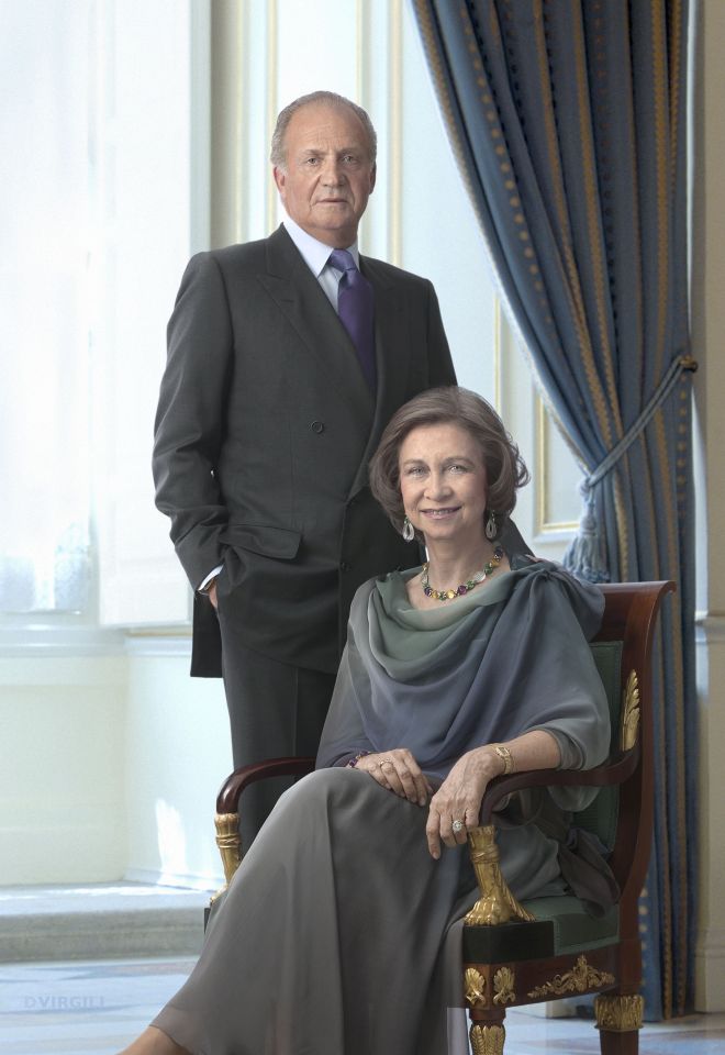 Juan Carlos of Spain and his wife Queen Sofia pose for an official portrait in Madrid in 2020