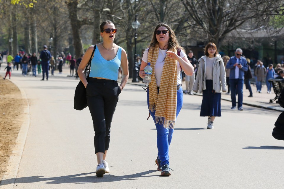 Two pals enjoy a sunny stroll in Hyde Park, London, today