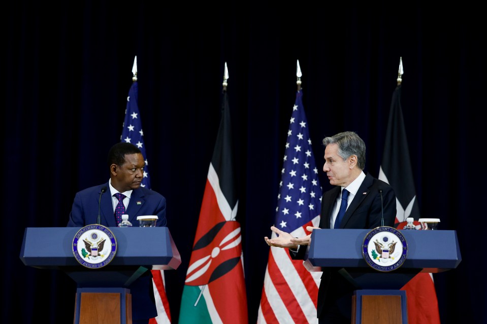 US Secretary of State Antony Blinken, right, with Kenya's Alfred Mutua during bi-lateral talks today