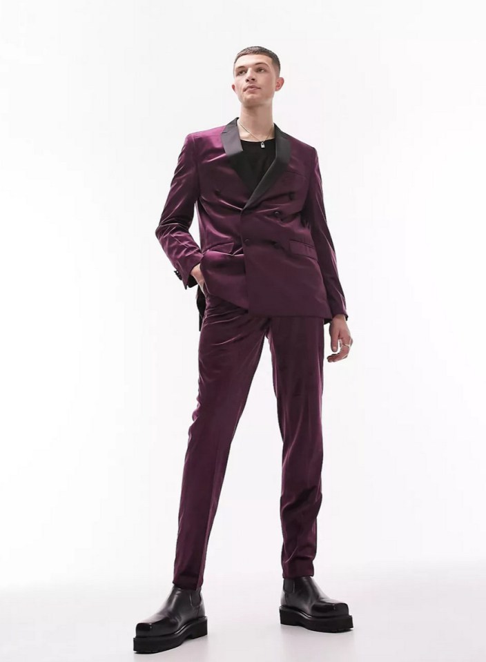 Topman tapered velvet suit in purple