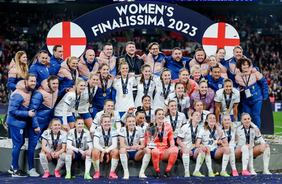 The Lionesses celebrate winning the Finalissima after beating Brazil in the final