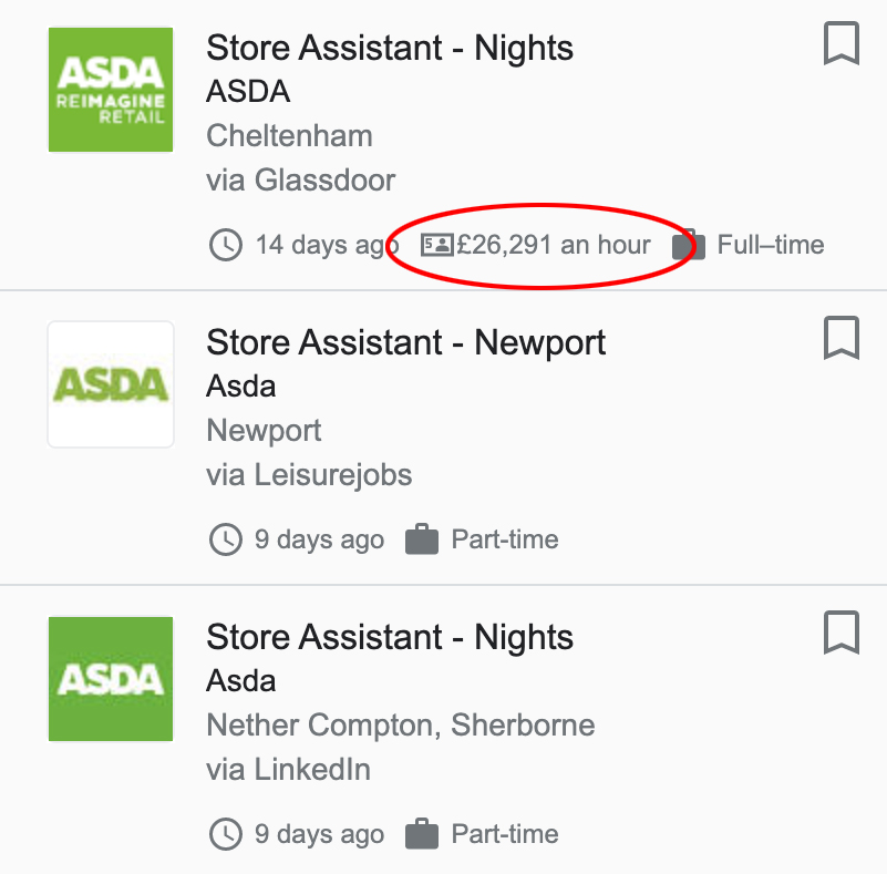 Asda is said to have mistakenly advertised a store assistant job for £28,163 an hour