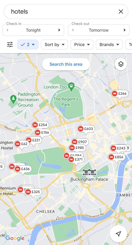 When searching for hotels, they will appear in red and white