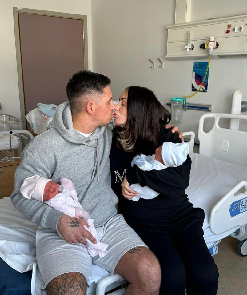 Amy Childs and Billy Delbosq in the first picture with their newborn twins