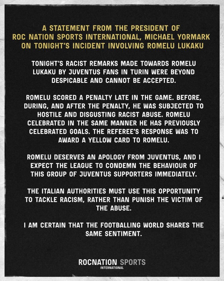 Romelu Lukaku's representatives released a statement condemning the racist chants