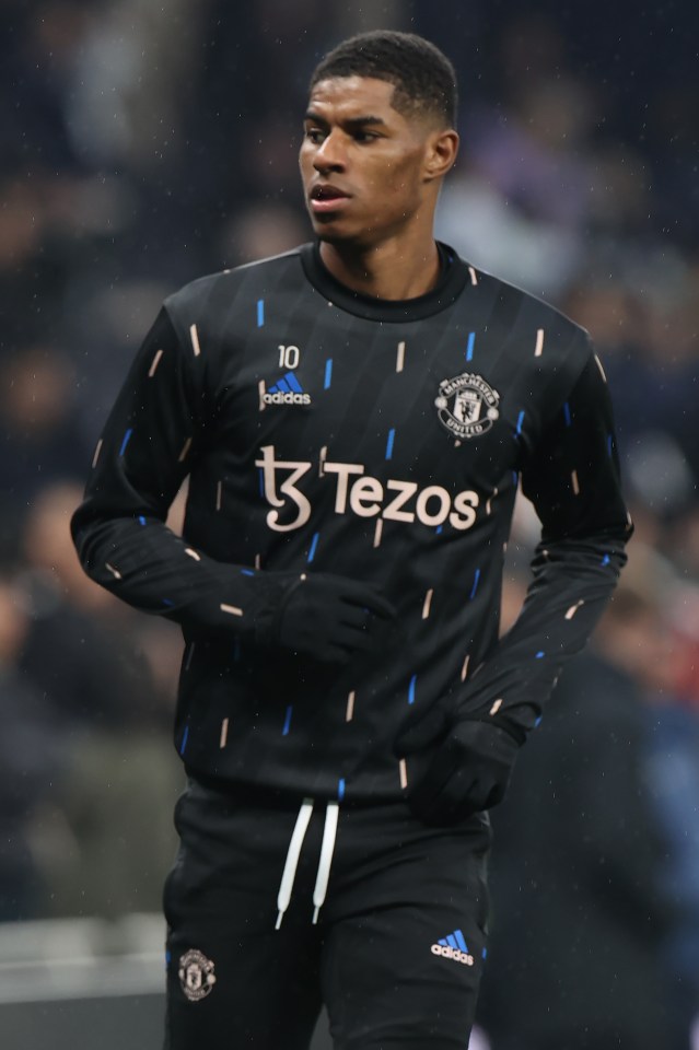 LONDON, ENGLAND - APRIL 27: Marcus Rashford of Manchester United warms up ahead of the Premier League match between Tottenham Hotspur and Manchester United at Tottenham Hotspur Stadium on April 27, 2023 in London, England. (Photo by Matthew Peters/Manchester United via Getty Images)