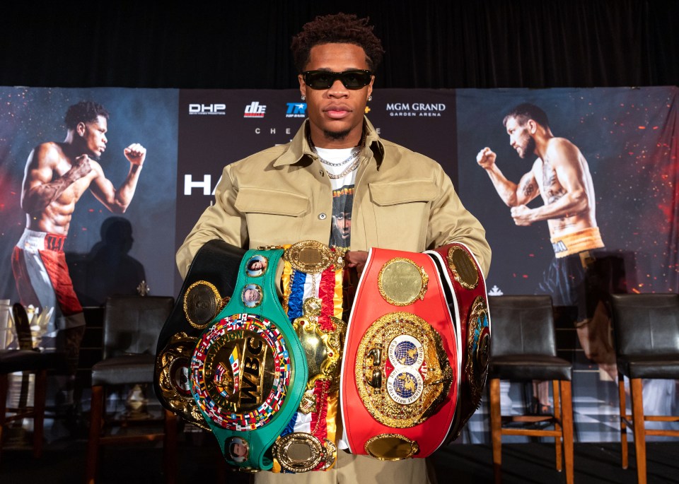 HOLLYWOOD, CALIFORNIA - MARCH 30: Devin Haney poses with his world titles after the press conference ahead of his May 20 undisputed lightweight championship fight with Vasiliy Lomachenko, at The Ray Dolby Ballroom on March 30, 2023 in Hollywood, California. (Photo by Jeff Lewis/Top Rank Inc via Getty Images)